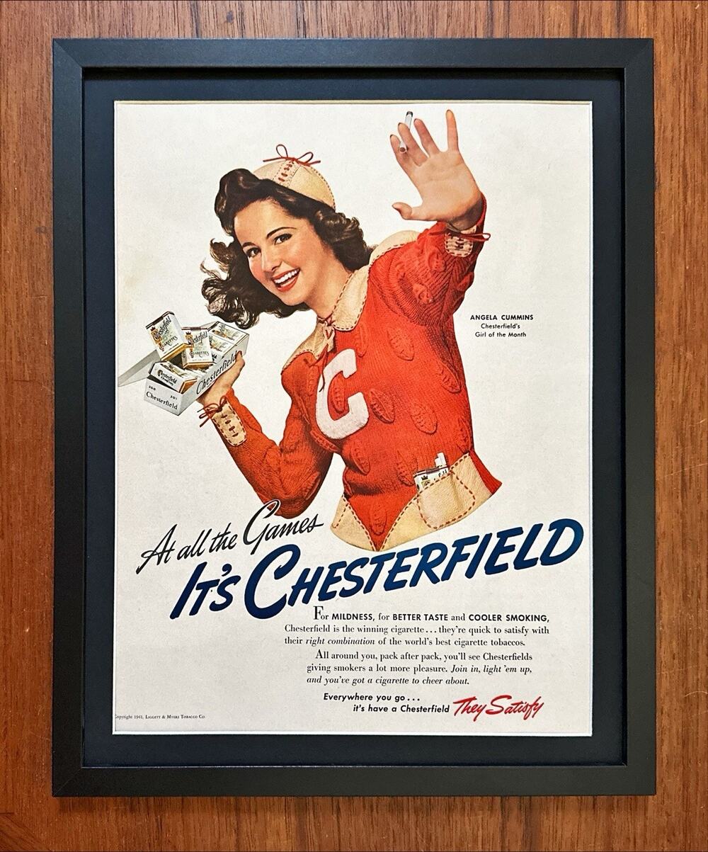 Framed Original 1941 Vintage Chesterfield Ad Girl of the Month Football